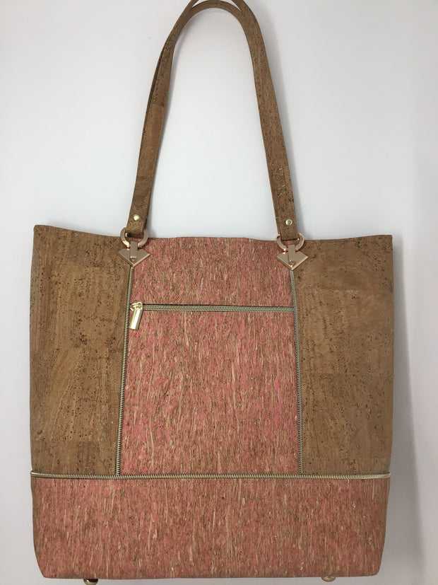 Tan and Pink Straw Cork Tote